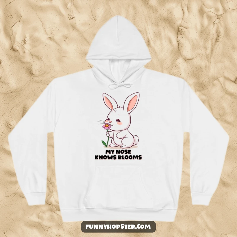 Funny hoodie depicting a rabbit enthusiastically wiggling its nose while sniffing a flower, soft and cozy.