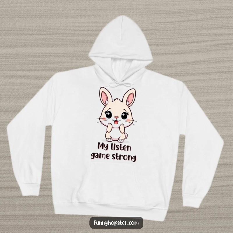 Funny hoodie featuring a startled rabbit with its ears perked high, radiating surprise and humor in a cozy design.