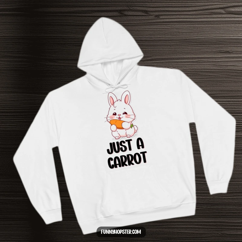 Funny hoodie with a fluffy rabbit enthusiastically munching a carrot, designed for cozy comfort and a chuckle.