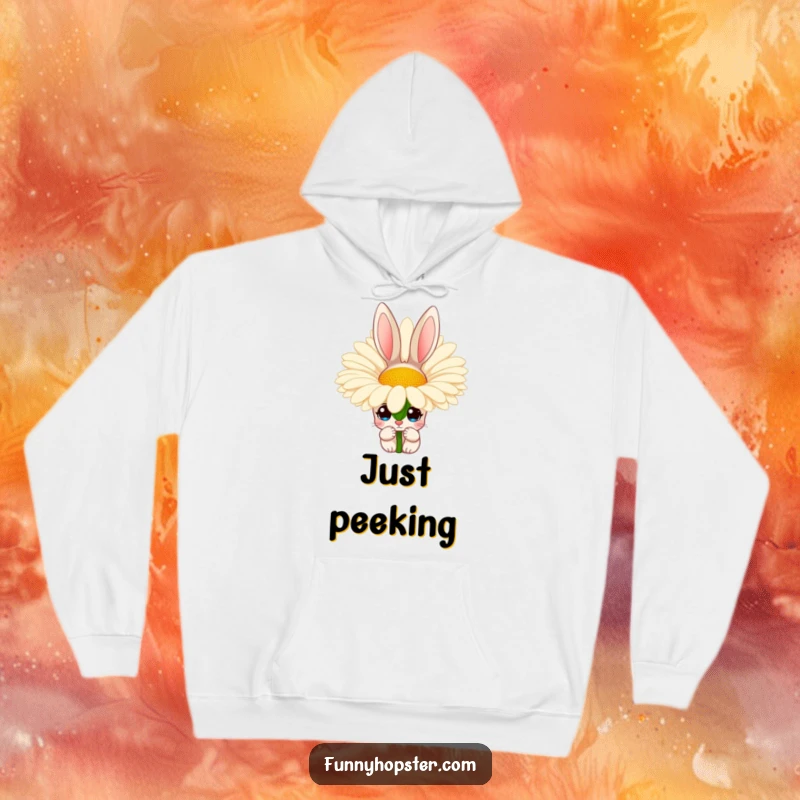 Funny hoodie showcasing a rabbit with wide, curious eyes peering from behind a large daisy, offering warmth and a hint of mystery.