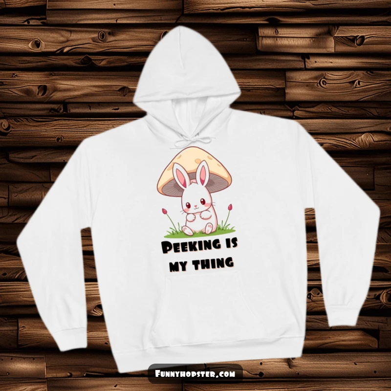 Funny kawaii rabbit hoodie featuring a cute bunny peeking curiously from behind a large mushroom, embodying playful stealth.