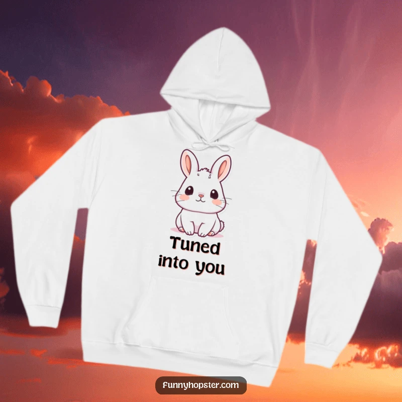 Funny kawaii rabbit hoodie featuring a cute bunny with ears perked up, listening intently, embodying an alert and curious state.