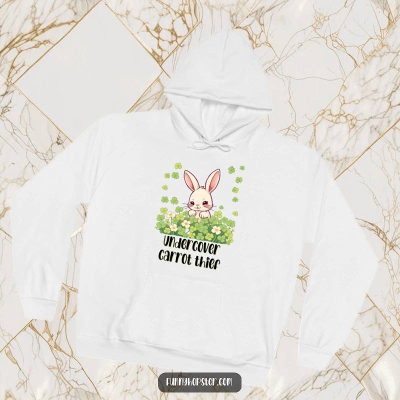 Funny hoodie featuring a mischievous rabbit concealed within a clover patch, exuding playful secrecy and warmth.