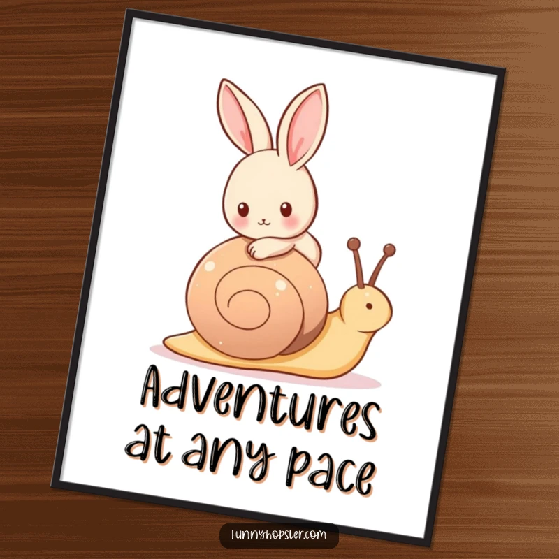 Funny Free Printable Wall Art: A tiny rabbit perched comfortably on the back of a smiling, slow-moving snail.