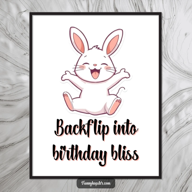 Funny Free Printable Wall Art showcasing a joyful rabbit in the middle of an impressive backflip, radiating happiness.