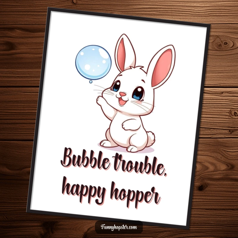 Funny Free Printable Wall Art: A playful rabbit with big happy eyes bats at a floating bubble, creating joy.