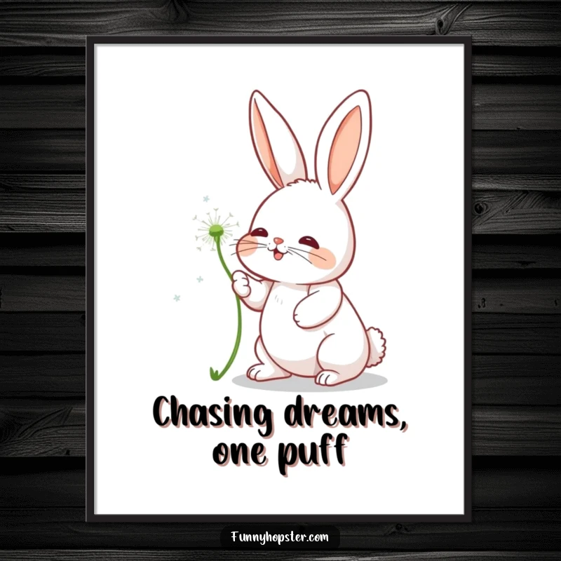 Funny Free Printable Wall Art: Rabbit playfully batting at a floating dandelion seed, capturing a moment of joy. Downloadable art.