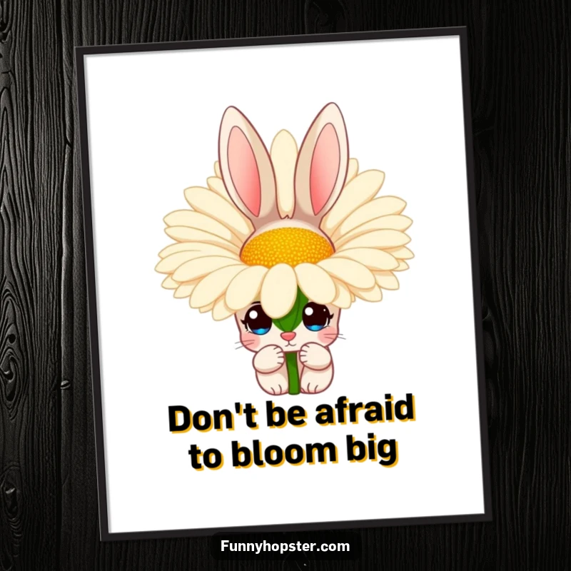 Funny Free Printable Wall Art: a rabbit with wide, curious eyes peeking from behind a large daisy, adding whimsy.