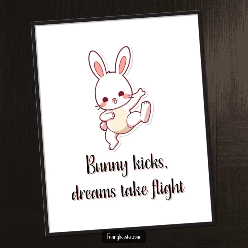 Funny Free Printable Wall Art: A grinning bunny character performing a high-spirited, cute little kick with joy.