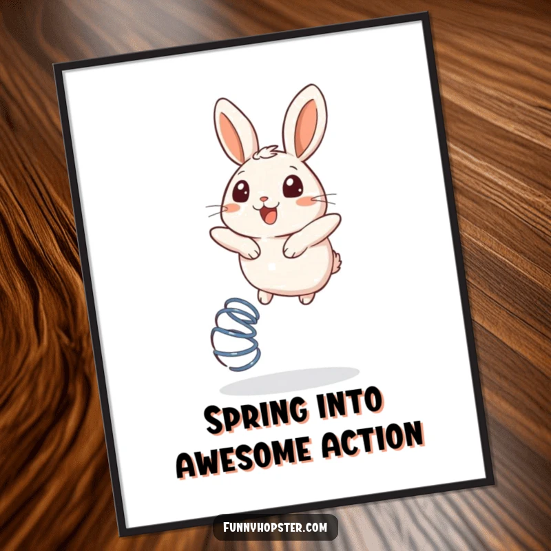 Funny Free Printable Wall Art: A round, happy rabbit bouncing energetically on a metallic spring.