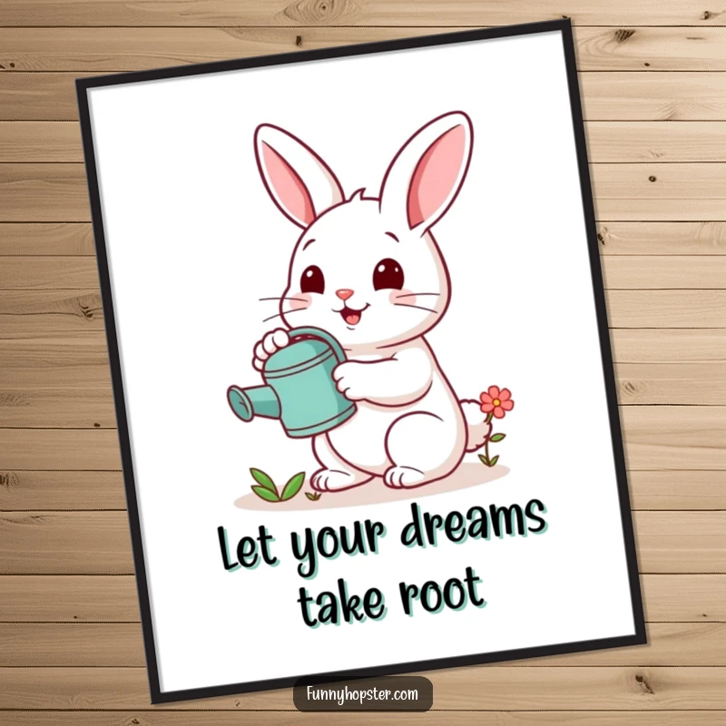 Funny Free Printable Wall Art: a cheerful rabbit with a watering can tending to a tiny flower, creating a serene scene.