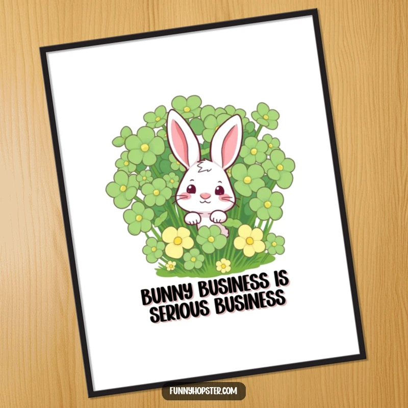 Funny Free Printable Wall Art: A curious rabbit peeks from a lush clover patch, bringing nature's charm indoors.