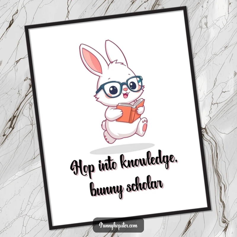 Funny Free Printable Wall Art: A fluffy rabbit with glasses excitedly hops while clutching a book, perfect for a study.