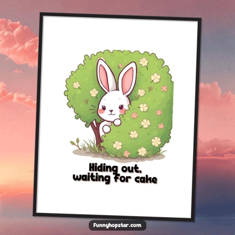 Funny Free Printable Wall Art: A rabbit playfully hiding behind a bush, creating a sense of whimsical charm.