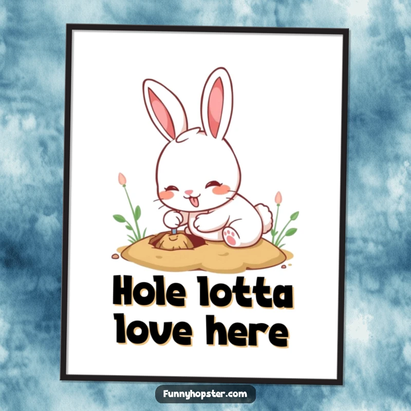 Funny Free Printable Wall Art: Energetic kawaii rabbit digging a deep hole with pure, unadulterated joy.