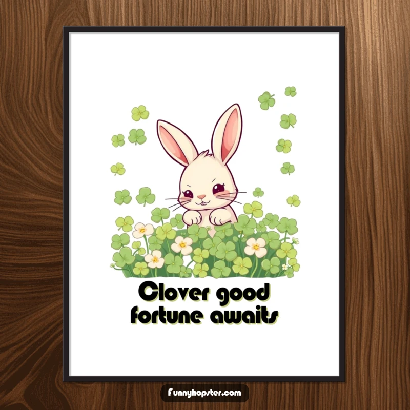 Funny Free Printable Wall Art: A mischievous rabbit peeking out from a lush patch of clover, full of playful secrets.