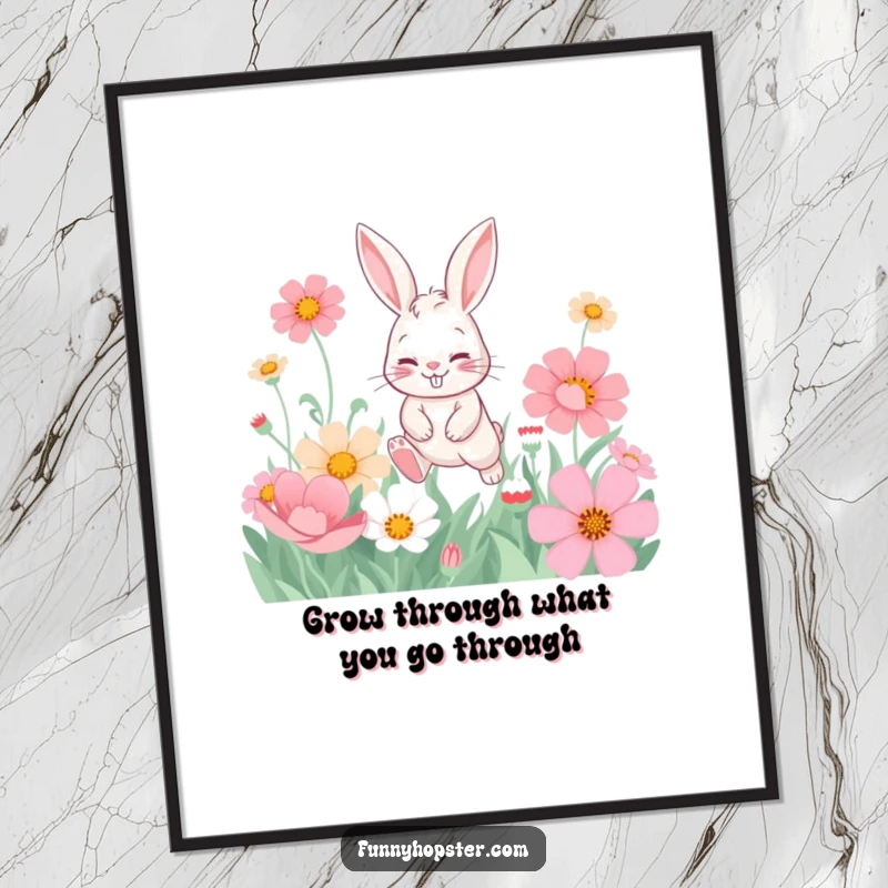 Funny Free Printable Wall Art: A playful rabbit with a mischievous grin hopping through a vibrant field of oversized flowers, spreading happiness.
