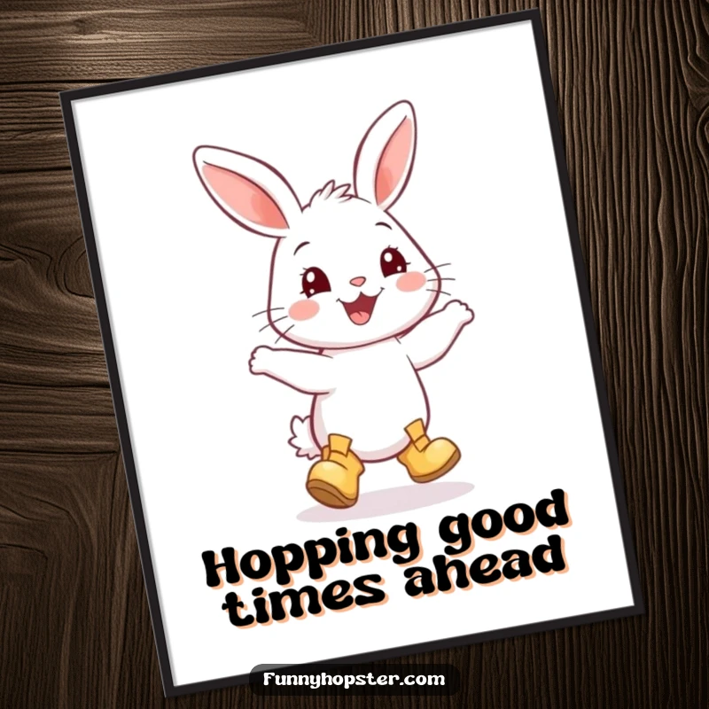 Funny Free Printable Wall Art: A rabbit joyfully dancing while wearing adorable tiny boots, full of energy.