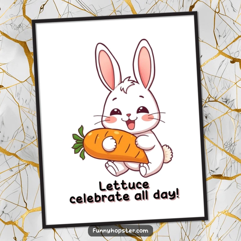 Funny Free Printable Wall Art: A cheerful rabbit with perked ears joyfully eating a giant carrot.