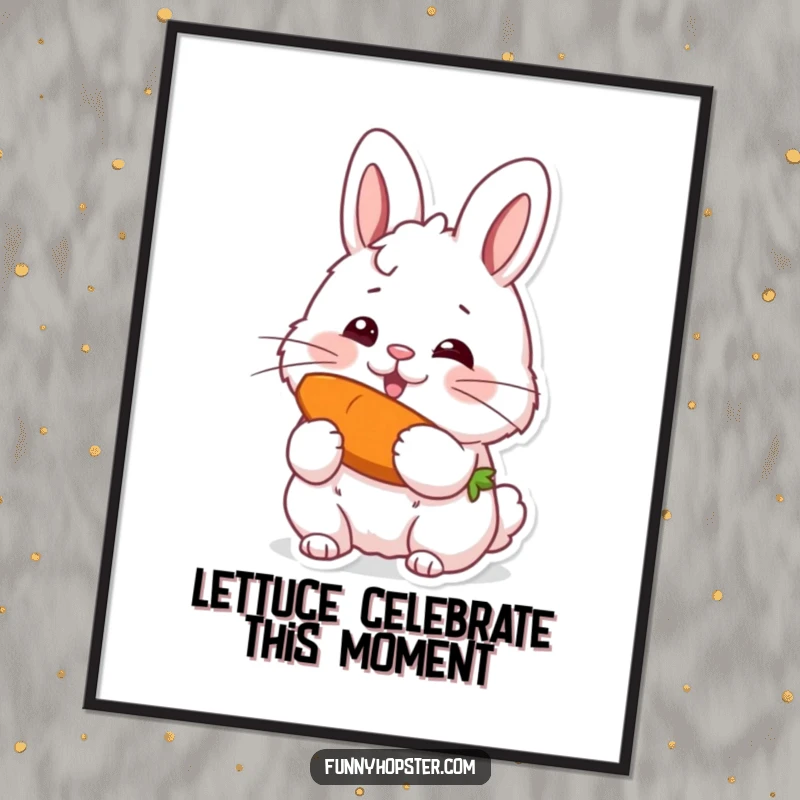 Funny Free Printable Wall Art of a fluffy rabbit happily munching a large carrot, ideal for whimsical home decor.
