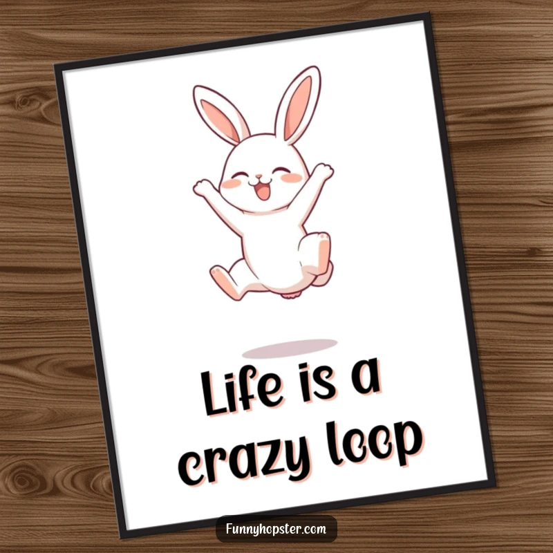 Funny Free Printable Wall Art of a rabbit doing a joyful somersault with its little legs up high, full of energy.