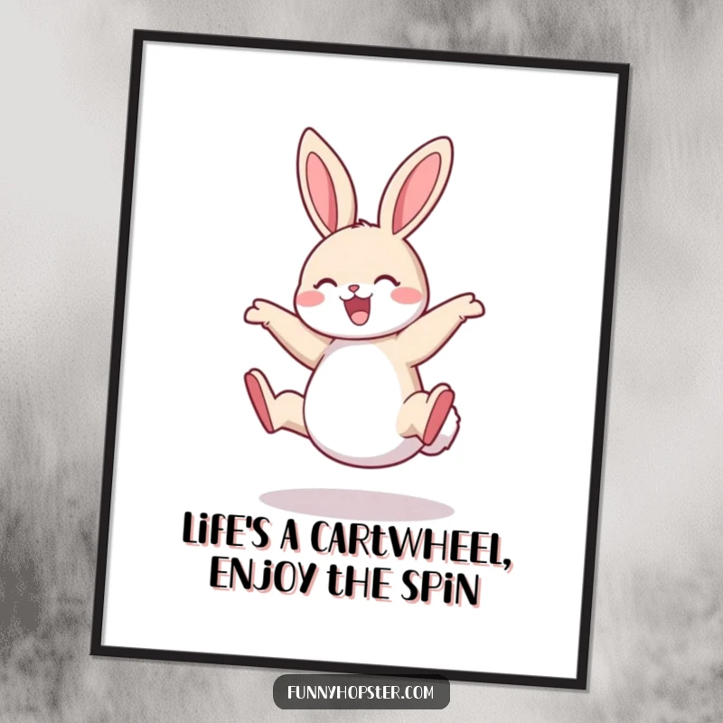 Funny Free Printable Wall Art: A rabbit gleefully executing a cartwheel, adding vibrant, humorous energy to any room.
