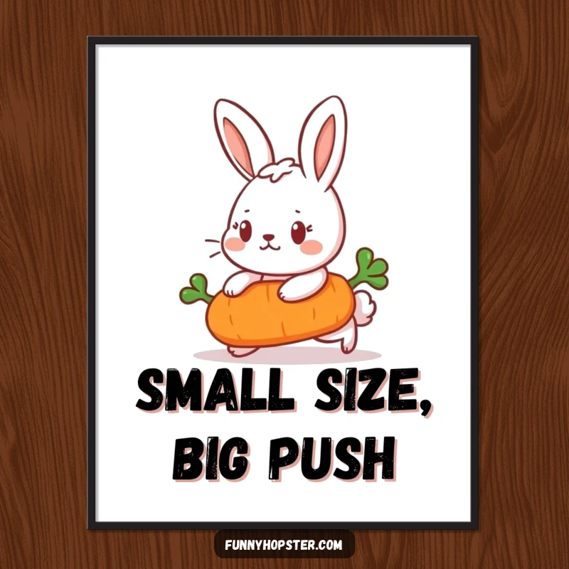 Funny Free Printable Wall Art: Determined rabbit pushing a rolling carrot, a humorous and motivational piece.