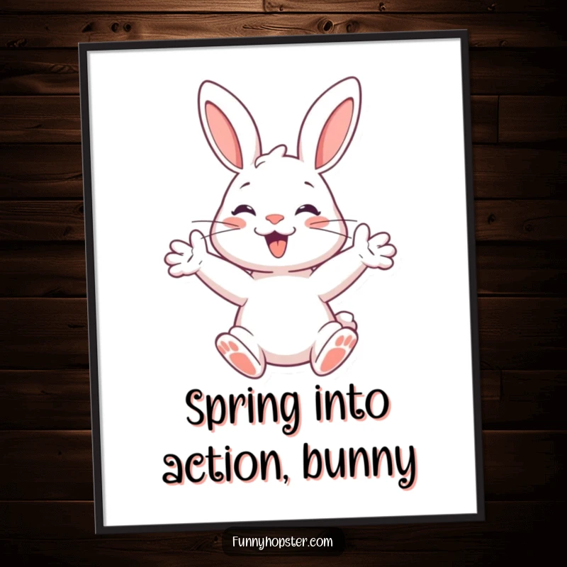 Funny Free Printable Wall Art: A cheerful rabbit with paws outstretched, captured mid-motion, ready to spring with joy.