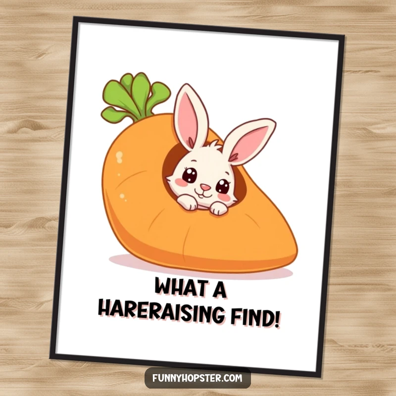 Funny Free Printable Wall Art: A curious rabbit peeks out from inside a giant hollow carrot, adding charm.