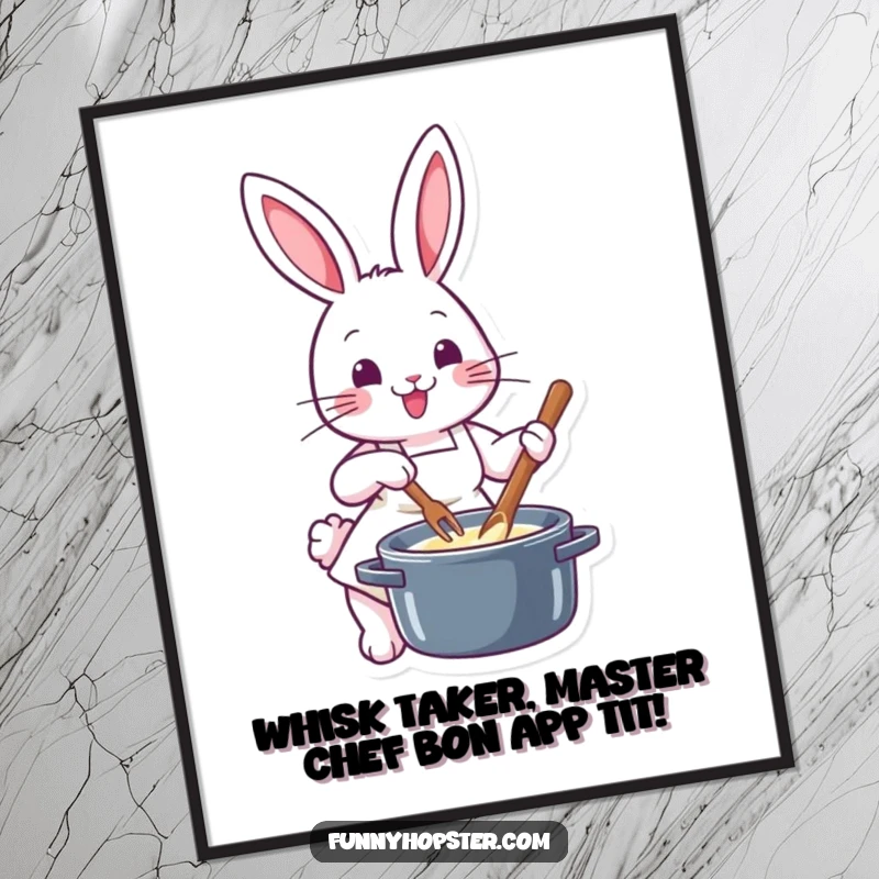 Funny Free Printable Wall Art: Charming rabbit chef in apron enthusiastically stirring a magical pot, radiating kitchen joy.