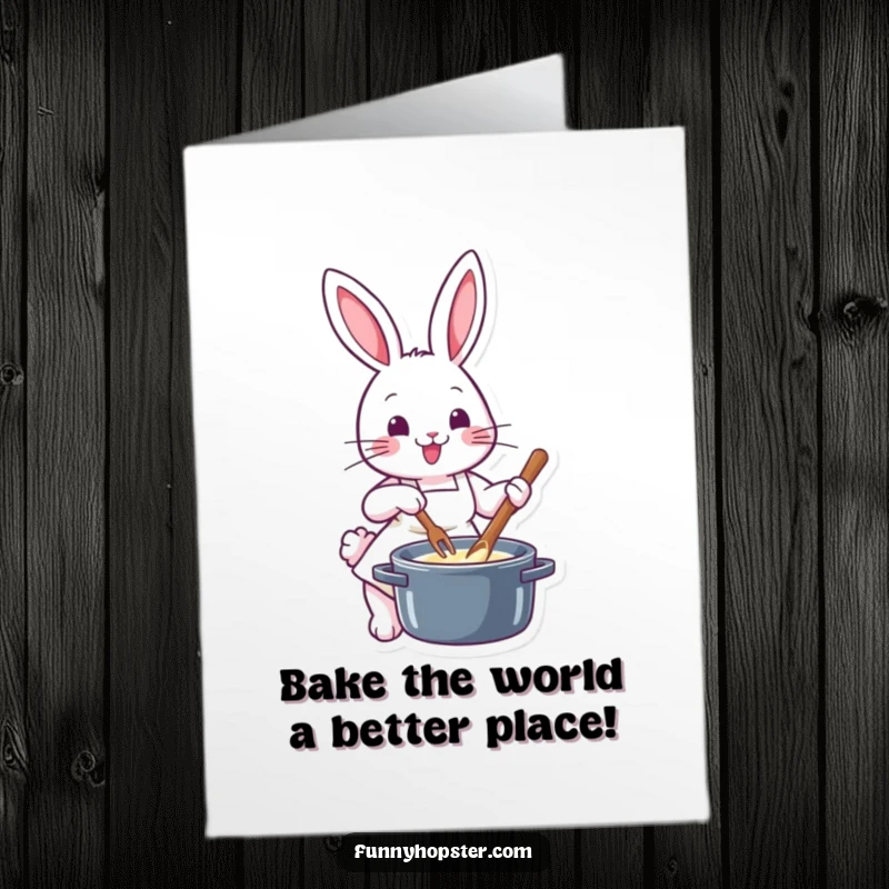 Funny Free Printable Birthday Card: Adorable rabbit chef in apron joyfully stirs a pot, ready to bake up laughs.