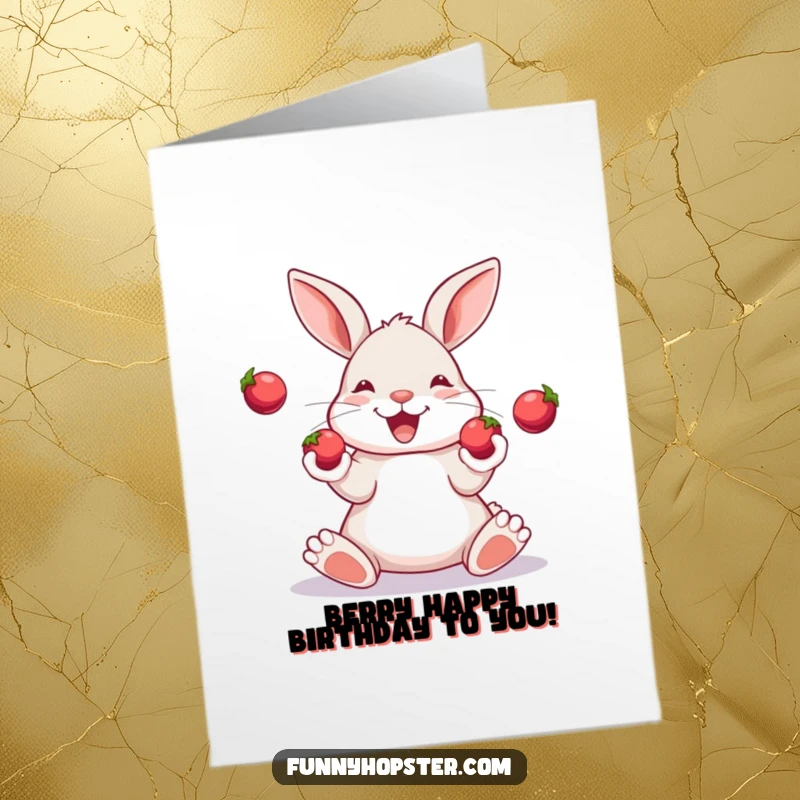 Funny Free Printable Birthday Card: A happy rabbit skillfully juggling three shiny red berries.