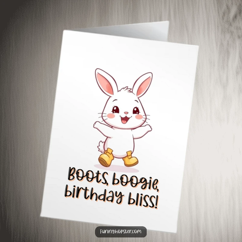 Funny Free Printable Birthday Card: A joyful rabbit in tiny boots dancing happily, ready to celebrate.