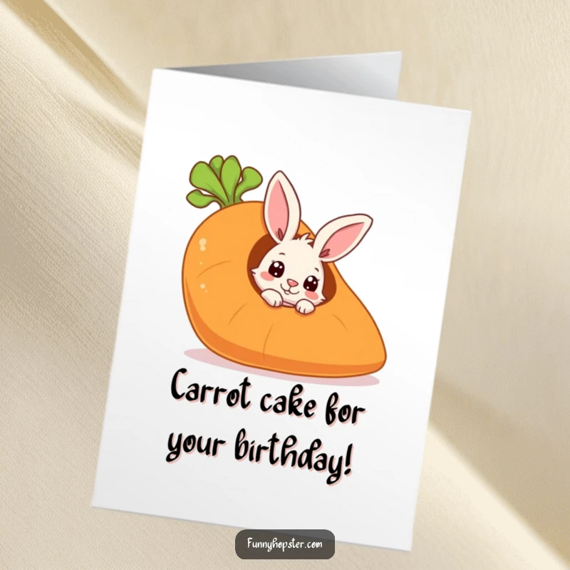 Funny Free Printable Birthday Card: A curious rabbit peeks from a giant hollow carrot, wishing a happy birthday.