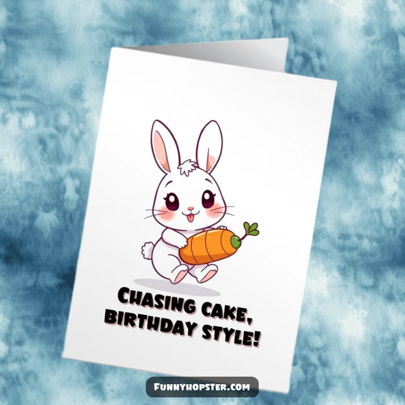 Funny Free Printable Birthday Card showing a playful rabbit enthusiastically chasing a comically bouncing carrot.