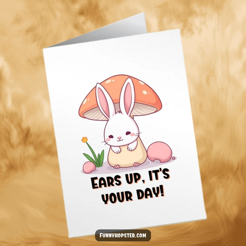 Funny Free Printable Birthday Card: Shy rabbit ears peek from behind a mushroom, a quirky card for introverts.