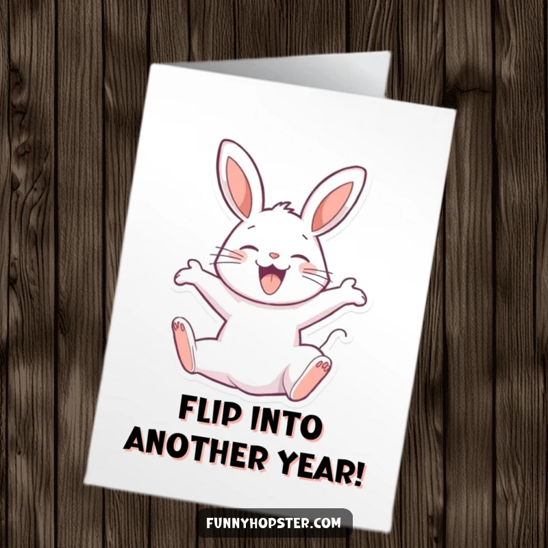 Funny Free Printable Birthday Card capturing a joyful rabbit mid-backflip, expressing pure celebratory excitement.