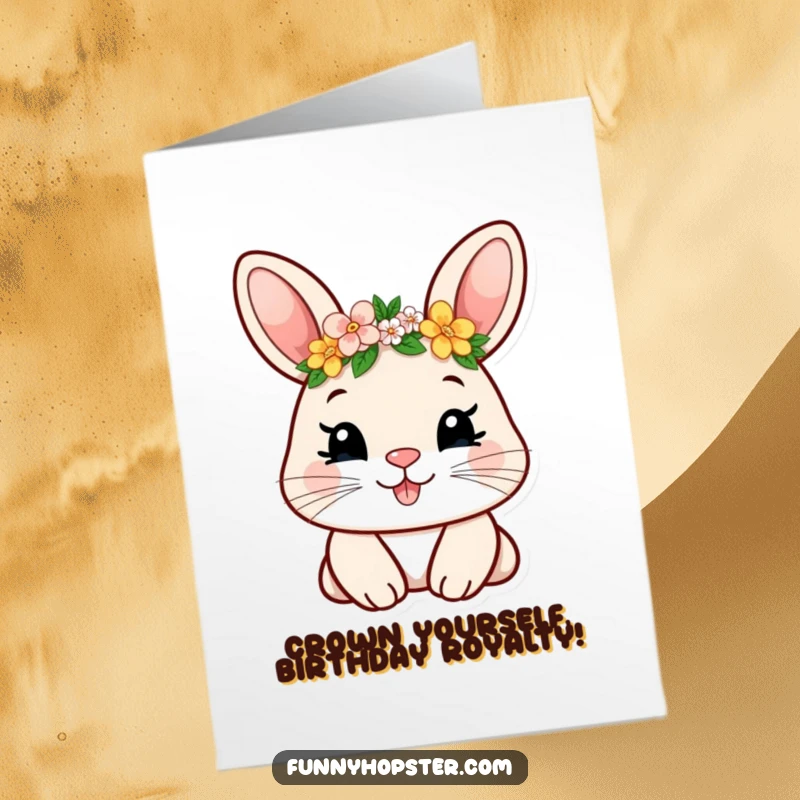 Funny Free Printable Birthday Card featuring a smiling rabbit in a tiny flower crown, radiating pure happiness and charm.