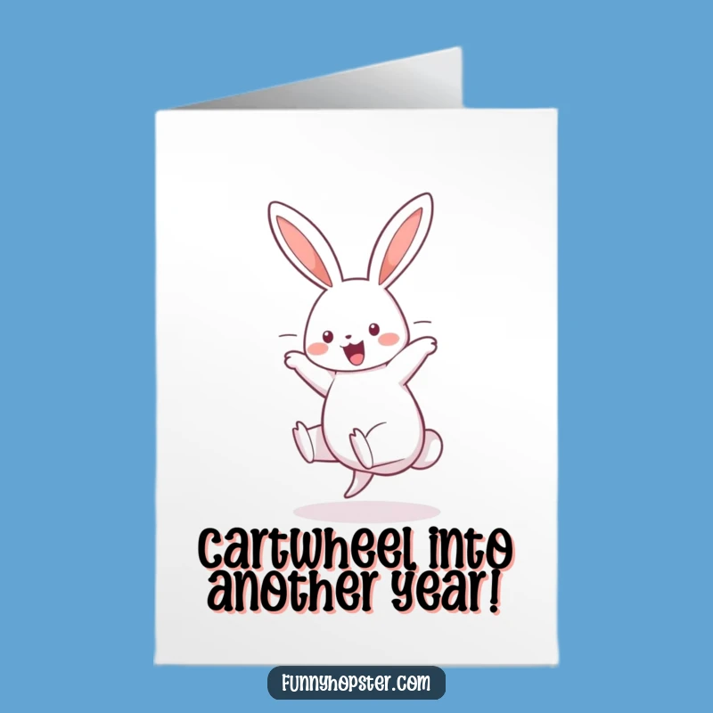 Free Printable Birthday Card: Cheerful Rabbit Cartwheel, Energetic Fun Gift Idea