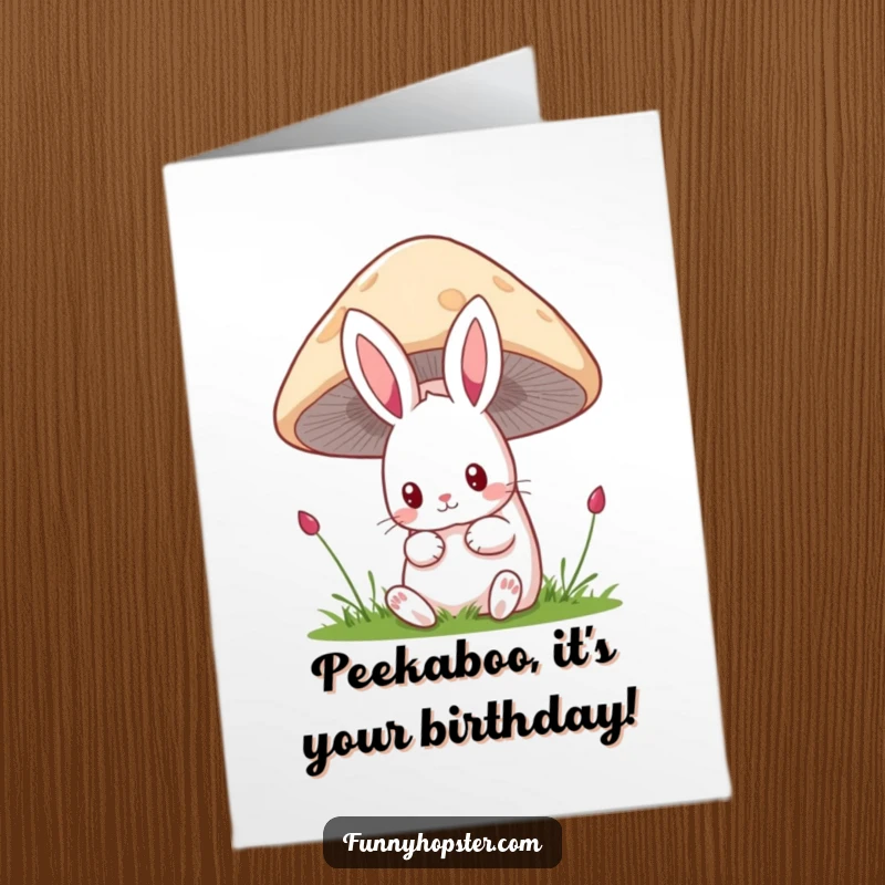 Funny Free Printable Birthday Card: A cute kawaii rabbit peeking curiously from behind a giant mushroom.