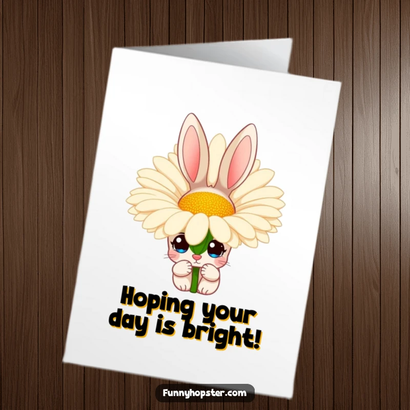Funny Free Printable Birthday Card: a rabbit with huge curious eyes peeking from behind a giant daisy, playfully surprising.