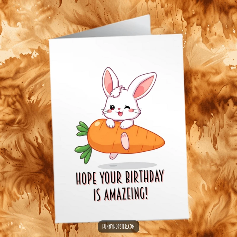 Funny Free Printable Birthday Card: Fluffy bunny with huge ears joyfully bouncing on a giant carrot, ready to party.