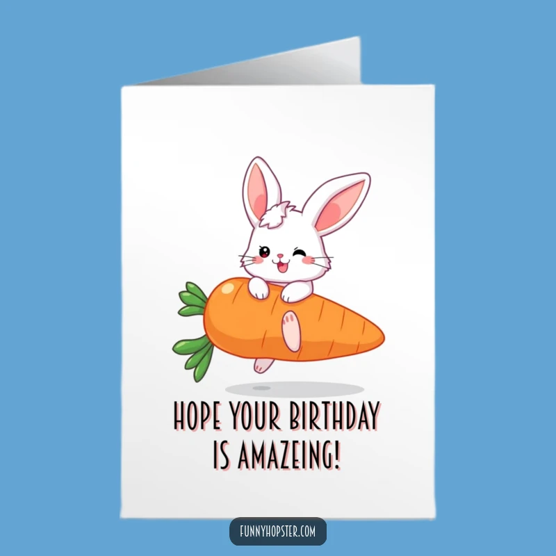 Free Printable Birthday Card: Funny Fluffy Bunny Bouncing on Carrot - Downloadable Gift