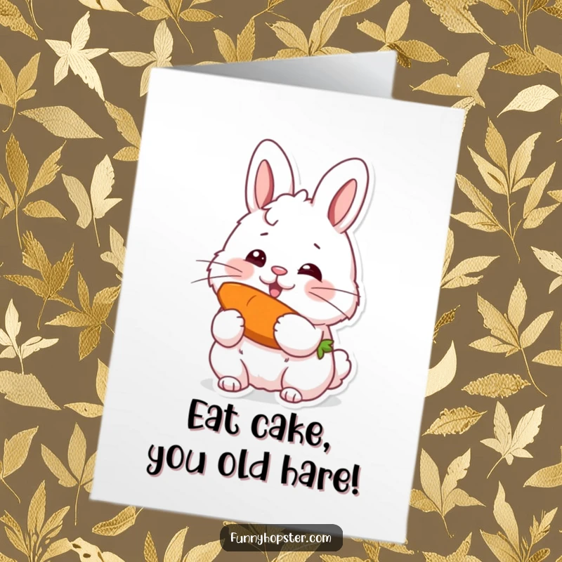 Funny Free Printable Birthday Card featuring a fluffy rabbit with twitching whiskers joyfully eating a large carrot, spreading cheer.