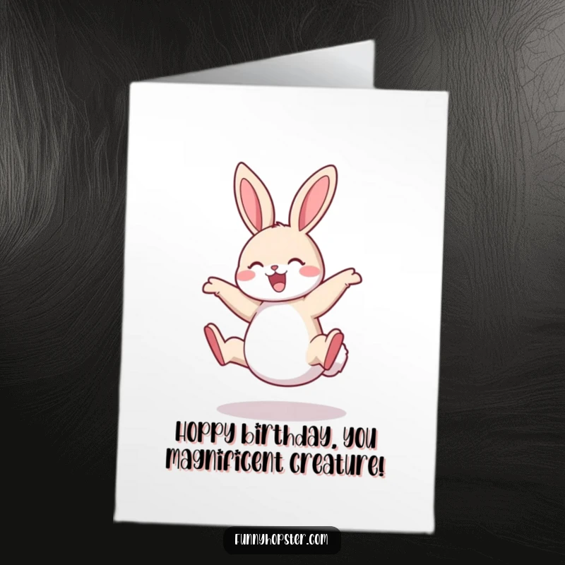 Funny Free Printable Birthday Card: Energetic rabbit doing a cartwheel with joy, spreading birthday cheer, perfect for gifting.