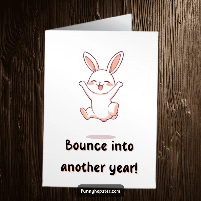 Funny Free Printable Birthday Card: a rabbit doing a joyful somersault with its little legs up in the air, celebrating wildly.
