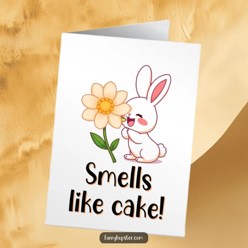 Funny Free Printable Birthday Card of a kawaii rabbit excitedly sniffing a giant, colorful flower, bringing joy and laughter.