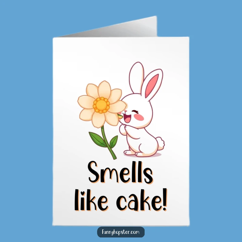 Free Printable Birthday Card: Kawaii Rabbit Sniffing Flower, Funny Downloadable Gift