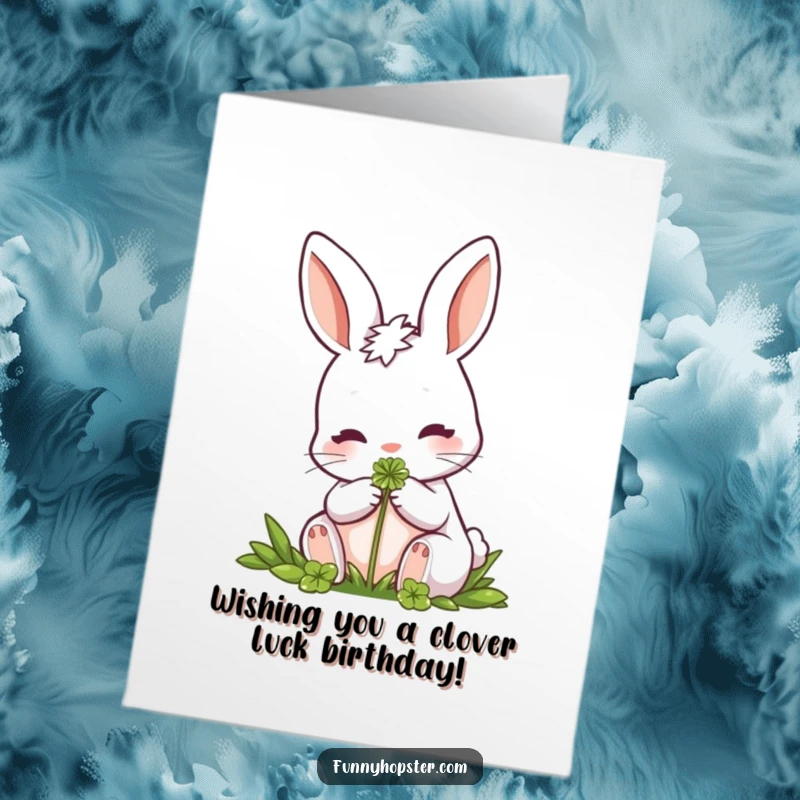Funny Free Printable Birthday Card: A cute rabbit happily nibbling on a green clover, symbolizing luck and joy.