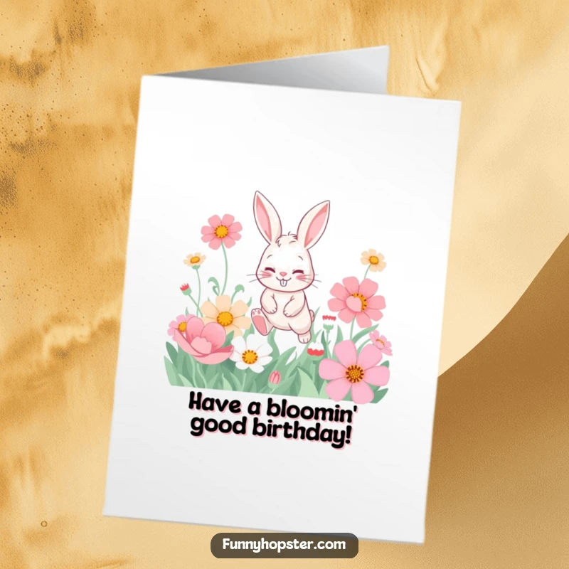 Funny Free Printable Birthday Card: Playful rabbit with mischievous grin hopping through oversized flowers, celebrating joyfully.